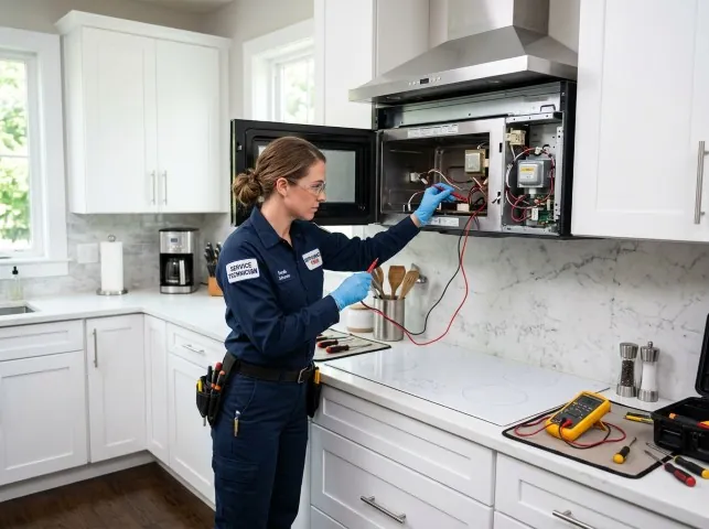Appliance Repair Hero technician testing an over-the-range microwave in a Angola, NY kitchen